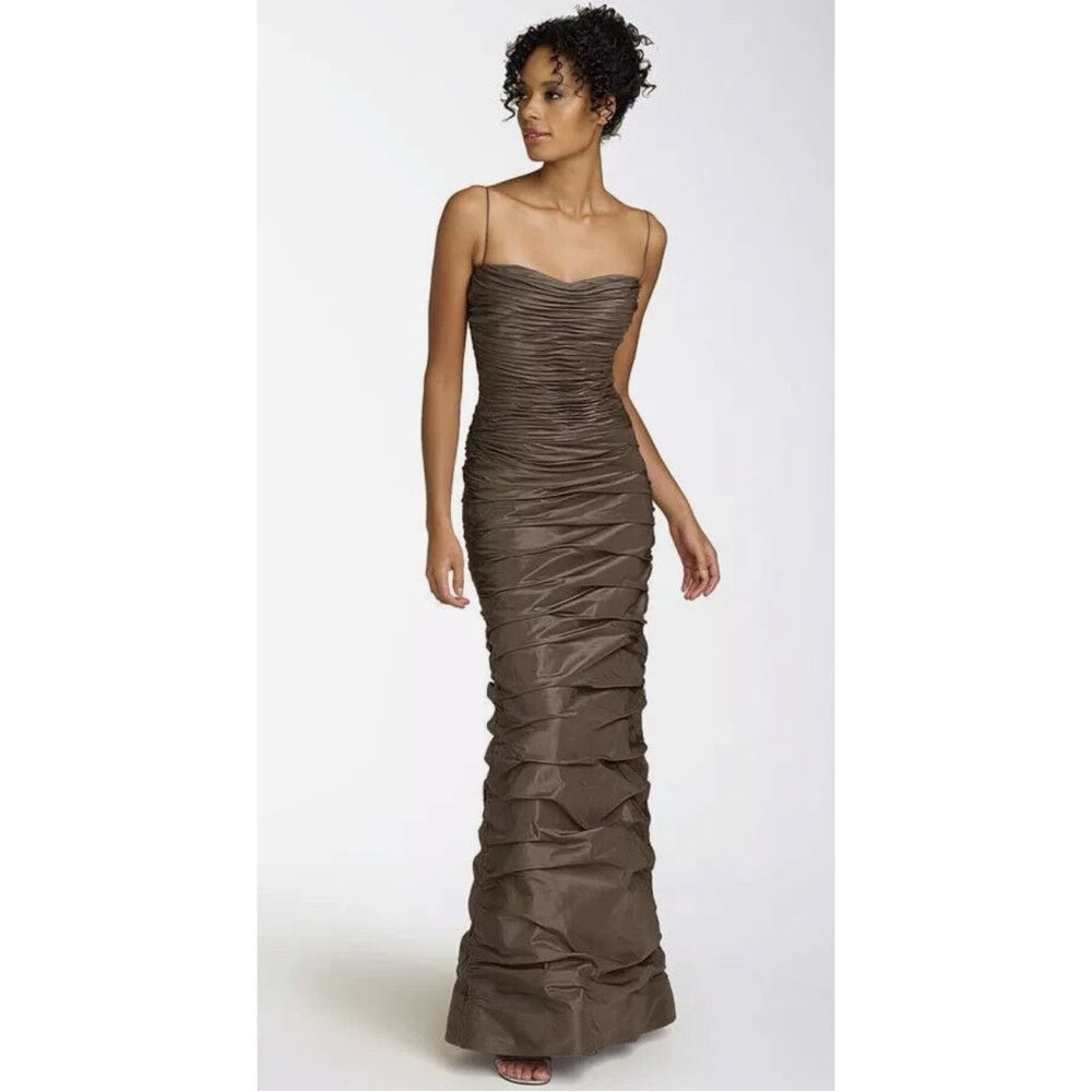 Teri Jon Rickie Freeman sz 2 Ruched Gown Maxi Taffeta  Bronze shimmer
